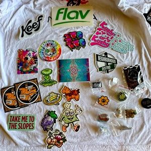 Collection of stickers and pins